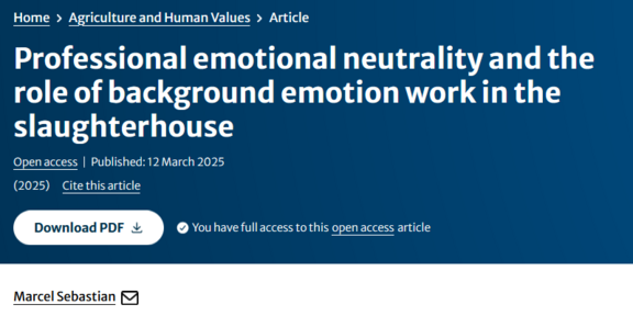 Erste Seite des Papers "Professional emotional neutrality and the role of background emotion work in the slaughterhouse" von Marcel Sebastian in der Zeitschrift Agriculture and Human Values