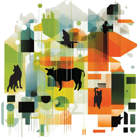 Flyer für Tagung Mensch-Tier-Beziehung mit bunten Feldern und verschiedenen Tieren als Negativ darauf abgebildet 
