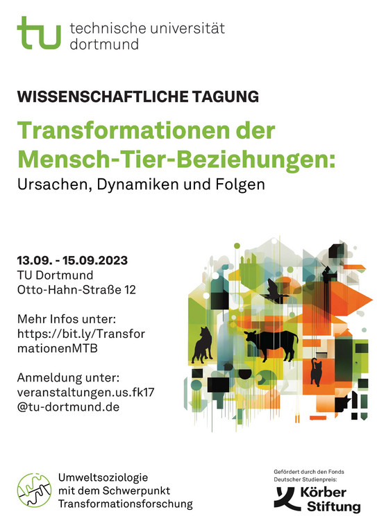 Flyer für Tagung Mensch-Tier-Beziehung mit bunten Feldern und verschiedenen Tieren als Negativ darauf abgebildet
