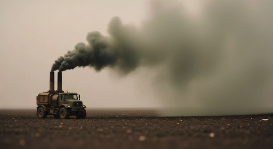 Ein Militärfahrzeug auf einem freien Feld mit einer dunklen Wolke aus Emissionen