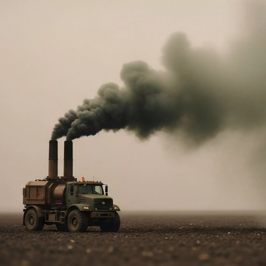 Ein Militärfahrzeug auf einem freien Feld mit einer dunklen Wolke aus Emissionen