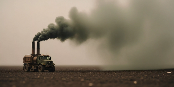 Ein Militärfahrzeug auf einem freien Feld mit einer dunklen Wolke aus Emissionen