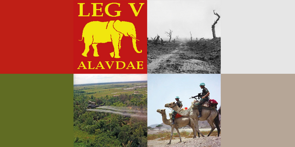 Cover image of the CfP: An image divided into four parts, with the insignia of Legio V Alaudae featuring a yellow elephant on a red background in the upper left corner. At the top right, a destroyed landscape in black and white. At the bottom left, a military aircraft flying over a green landscape with palm trees, visible emissions trailing behind it. At the bottom right, armed soldiers riding camels across a desert.