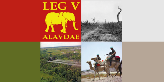 Titelbild des CfP: Ein Bild, das in vier Teile geteilt ist, oben links das Signum der Legio V Alaudae mit einem gelben Elefanten auf rotem Hintergrund. Oben rechts eine zerstörte Landschaft in schwarz weiß. Unten Links ein Militärflugzeug, das mit sichtbaren Emissionen über eine grüne Landschaft mit Palmen fliegt. Unten rechts bewaffnete Soldaten, die auf Kamelen durch eine Steppe reiten.
