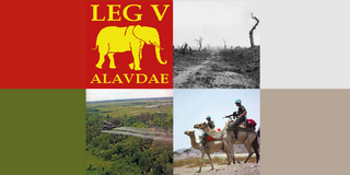 Titelbild des CfP: Ein Bild, das in vier Teile geteilt ist, oben links das Signum der Legio V Alaudae mit einem gelben Elefanten auf rotem Hintergrund. Oben rechts eine zerstörte Landschaft in schwarz weiß. Unten Links ein Militärflugzeug, das mit sichtbaren Emissionen über eine grüne Landschaft mit Palmen fliegt. Unten rechts bewaffnete Soldaten, die auf Kamelen durch eine Steppe reiten.